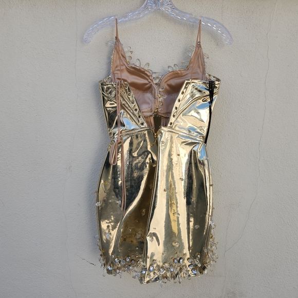 LENA BERISHA Metallic Gold Corset Couture Dress with Gemstone Detail - Picture 8 of 14